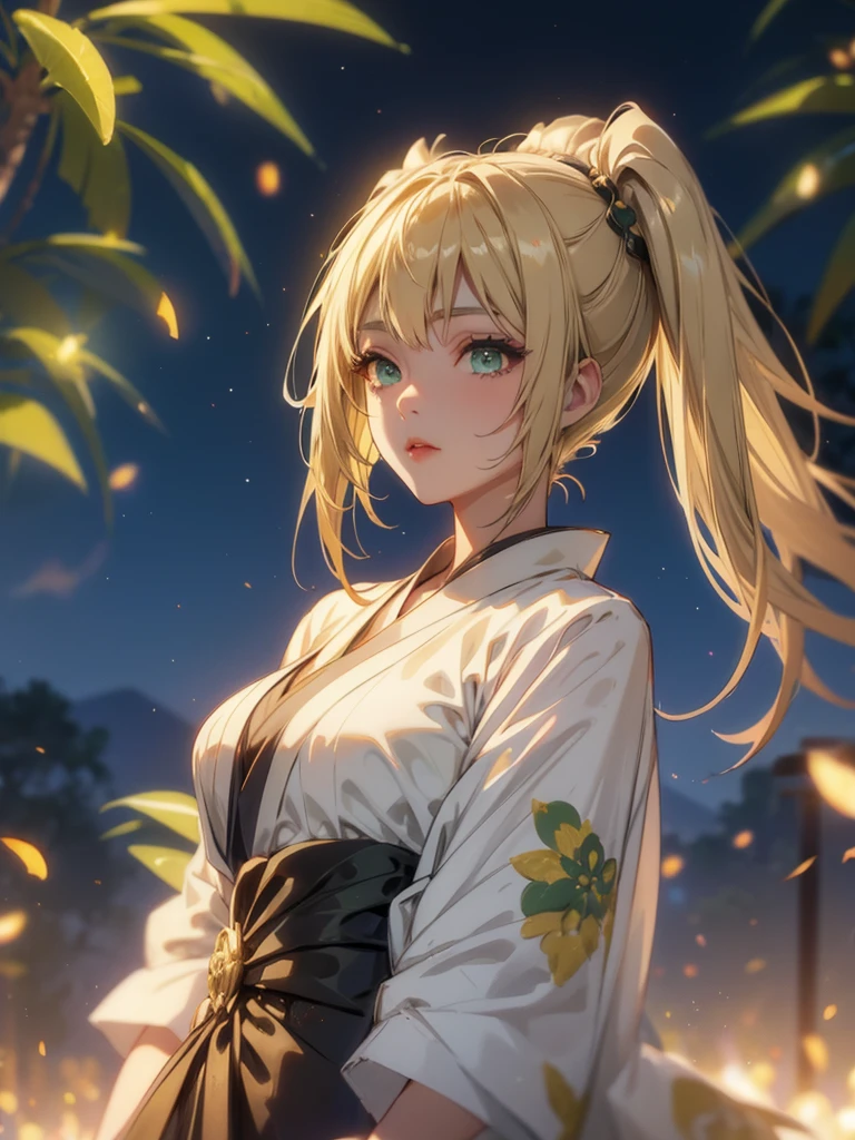 Layla , kimono night in firework , blonde hair, pigtailed haired , long hair , green eyes