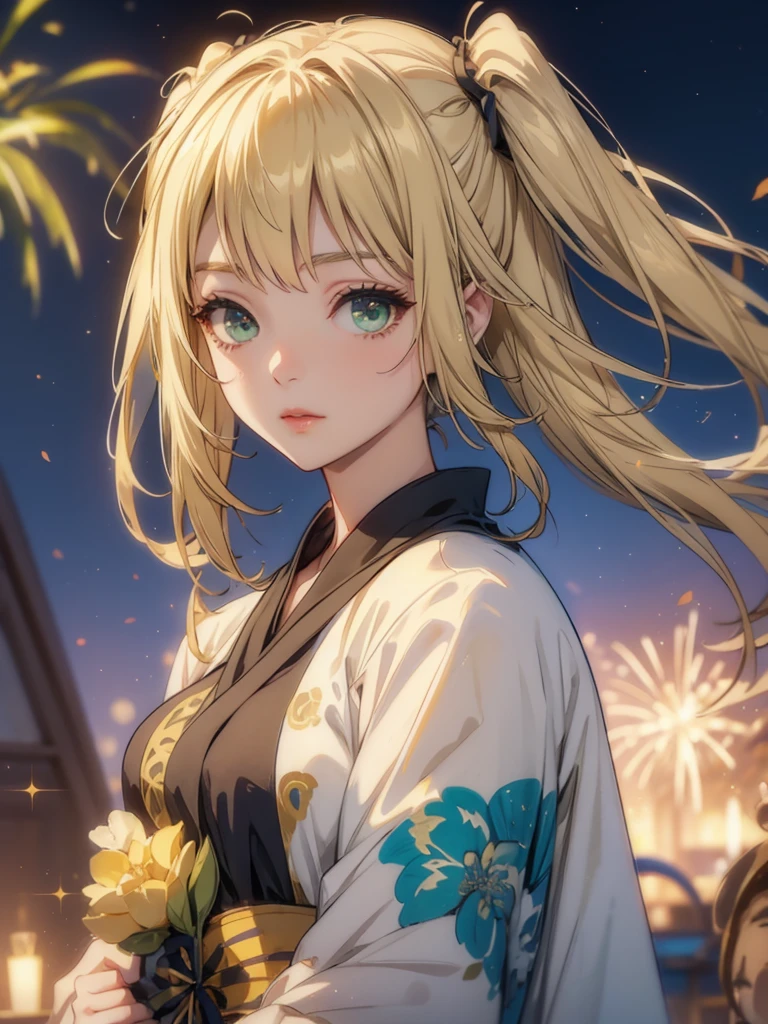 Layla , kimono night in firework , blonde hair, pigtailed haired , long hair , green eyes