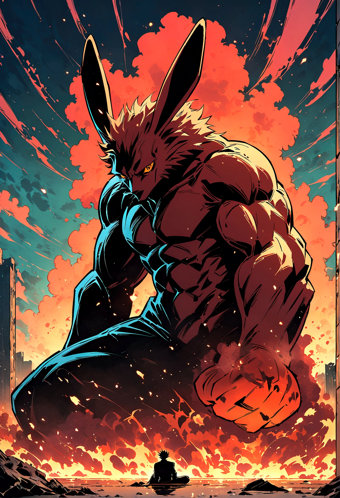 (jujutsu kaisen art style), stuffed bunny sitting by itself, Giant fist ears , non human, no clothes, artwork