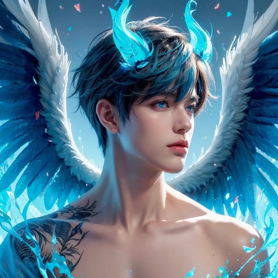 Handsome boy, blue hair, shining blue eyes, blue wings