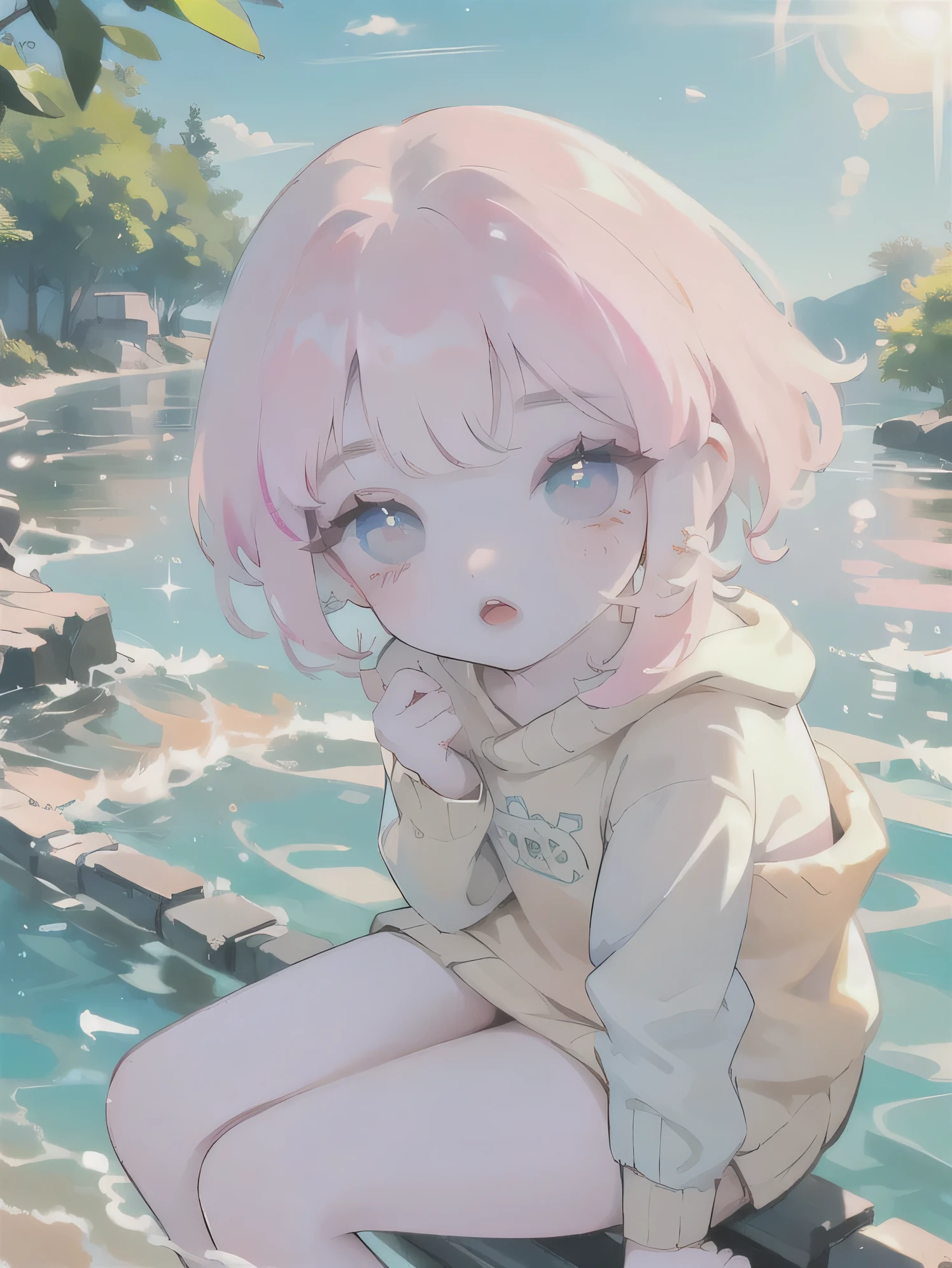 (high quality) (best quality) (a woman) (correct physiognomy) (perfect students) (perfect eyes) anime woman, deep pink, long and fluffy hair, two rabbit ears coming out of her head, blue eyes, lips sensitive, feminine appearance, soft facial features, thin eyebrows, soft skin, rosy cheeks, pink lips, silky eyelashes, dreamy expression, middle age, youthful clothing, print sweatshirt, photo illuminated by sunlight, Woman sitting on the river.