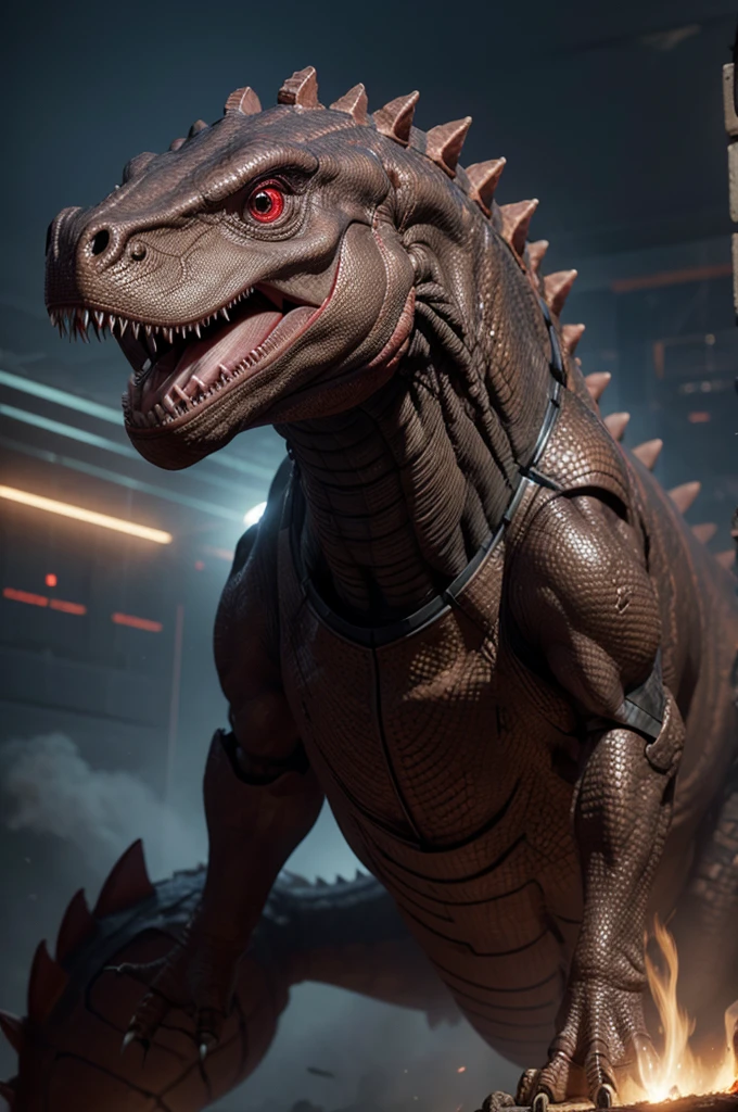 Dinosaur-shaped robot, glowing red eyes,