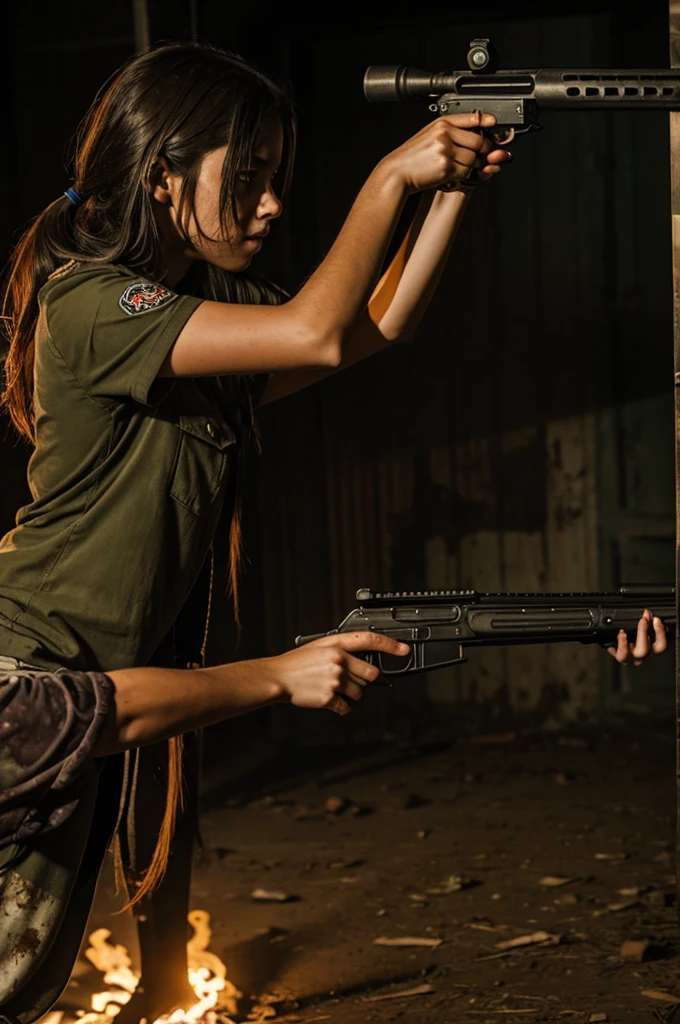 A girl shoots a zombie with a shotgun
