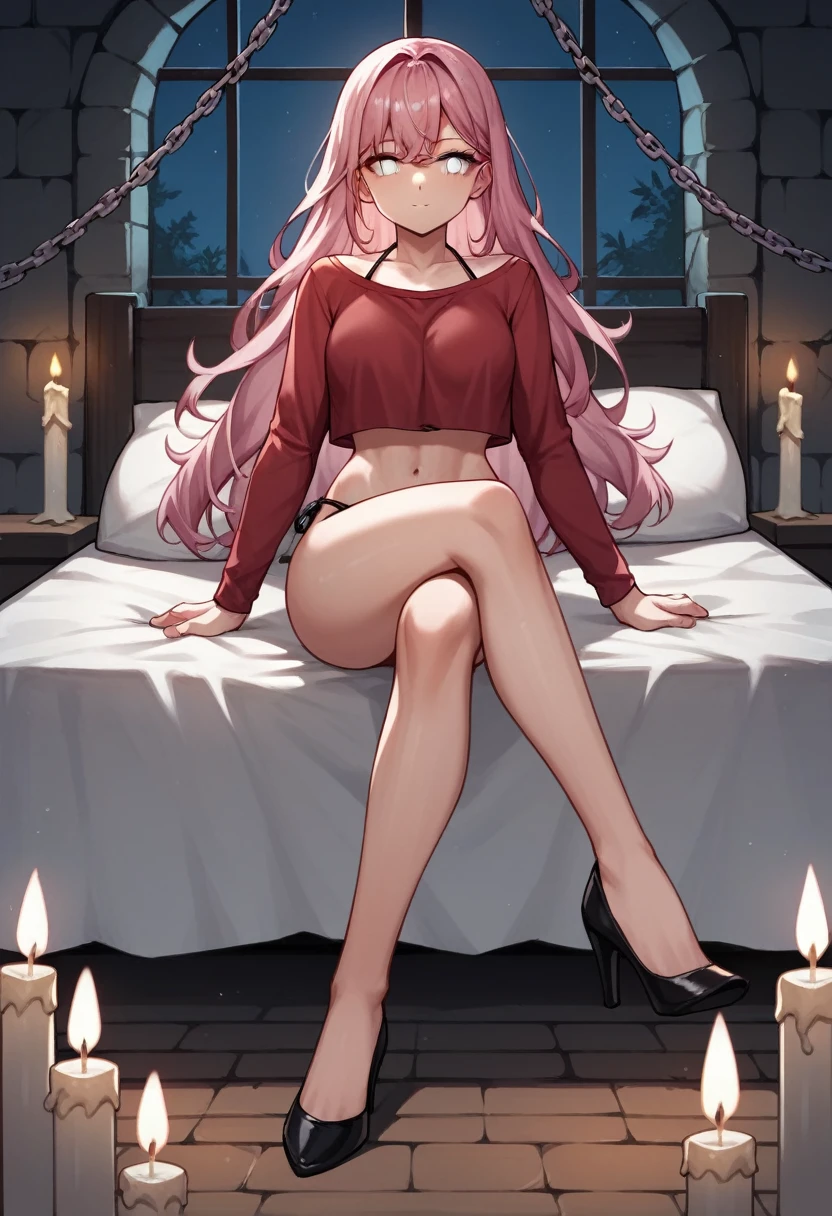 score_9, score_8_up, score_7_up, score_6_up, score_5_up, score_4_up, source_anime, 1girl,Close your mouth,sit,bed,pink hair,loose hair, white eyes, w-w-chain, spread arms,crossed legs,Knees on the bed,clean hair,red shirt,bikini,black high heels,night,candles,room,dungeon, best quality, best res, 4K UHD,
 