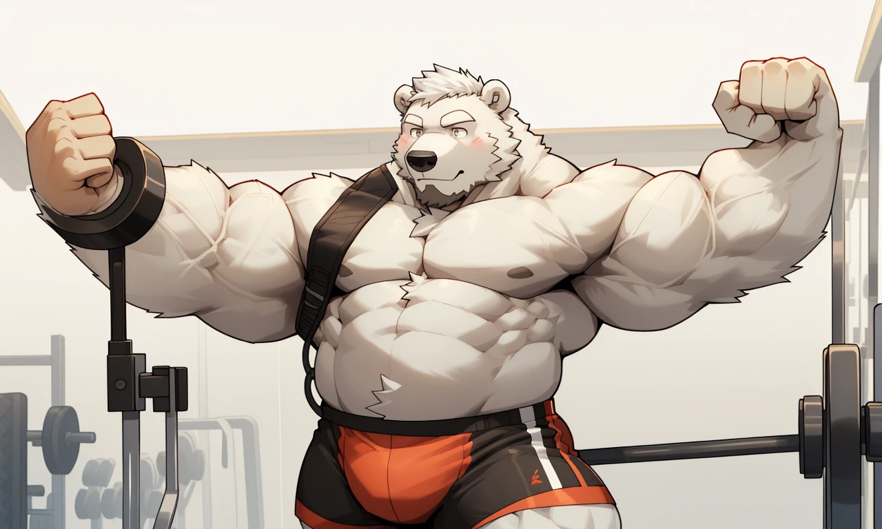 masterpiece, best quality, 8k resolution, Very detailed, hairy,(((polar bear)),(((Mature))),(((beard))),(((Strong))),(((White hair all over body))),portrait,(((White hair))),(((Gymnasium))),(((Left hand pulling the handle))),For the audience,(((black gym shorts))),Highest quality scene,Solitary,reps,(((whole body))),(((powerful workouts))),(((Right hand pulling the handle))),(((Standing with legs apart))),(((stretching))),((thick-enclosed muscle)),(((Round face))),(((alone))),(((Strong body))),(((Hip bulge))), ((cable crossover machine))