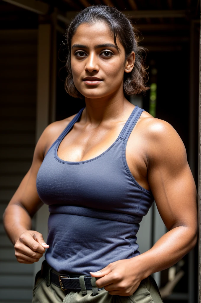 Face of PV Sindhu and Tapsee Pannu, perfect thick dusky Beauty, dynamic lighting, detailed hairy armpits, super hot cop, mascular Woman doing exercise, Dynamic Lightning, Highest quality, (dramatic lighting:0.7), masterpiece, high angle shot, perky breast, big tight breast, RAW photo of (pale 45 year old military Special Force woman with short hair, mascular woman with heavy physique, looking up at the viewer), cute, Extremely sweat, (wearing sleeveless 
square neck vest, thin cotton ), doing free hand excercise in a military camp in jungle, portrait, perfect face, alluring eyes, vivid detail, (highly detailed skin), freckles, sfw, (blue tint:0.6), (dirty:0.8), (bloody:0.7), key lighting, (backlighting:0.5), medium depth of field, photographed on a Canon 5D, 50mm lens, F/4 aperture, (hyperdetailed, intricate details), sharp focus, muted colors, 8k, absurdres, 8mm film grain, war photography, perfect eyes, detailed eyes,