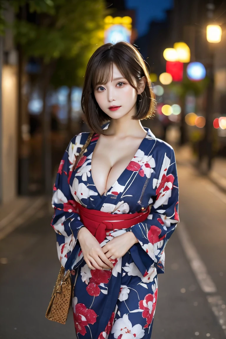 Seaside, Highest quality, shape, Very detailed, In detail, High resolution, 8k wallpaper, Perfect dynamic composition, Beautiful details, Natural Lip, red yukata with floral pattern, Big Breasts, Cleavage, She looks embarrassed as she walks., A masterpiece of the whole body,
