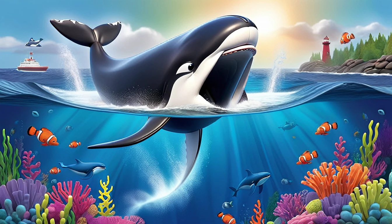 Create a 3-D Pixar style art scene for kids featuring a close-up of a whale's blowhole with water spouting out. The scene should be colorful and vibrant, with an ocean background, coral reefs, and schools of fish. The text 'Whales breathe through blowholes!' should be prominently displayed. The overall mood should be engaging and inviting for young children