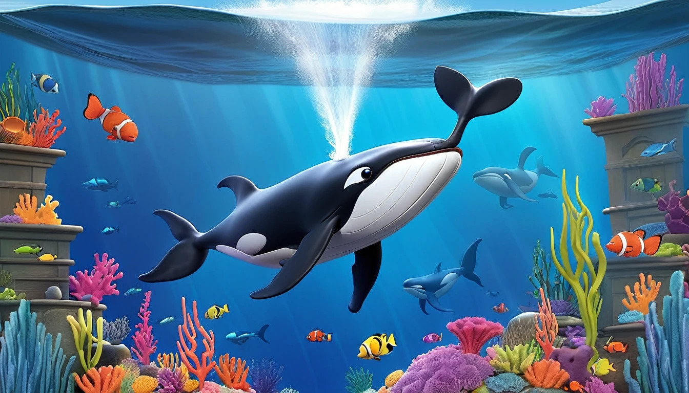 Create a 3-D Pixar style art scene for s featuring a close-up of a whale's blowhole with water spouting out. The scene should be colorful and vibrant, with an ocean background, coral reefs, and schools of fish. The text 'Whales breathe through blowholes!' should be prominently displayed. The overall mood should be engaging and inviting for young chi