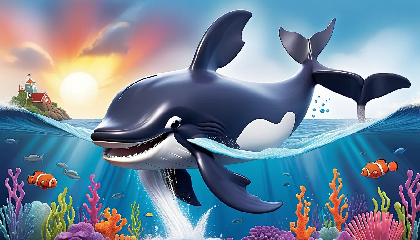 Create a 3-D Pixar style art scene for kids featuring a close-up of a whale's blowhole with water spouting out. The scene should be colorful and vibrant, with an ocean background, coral reefs, and schools of fish. The text 'Whales breathe through blowholes!' should be prominently displayed. The overall mood should be engaging and inviting for young children