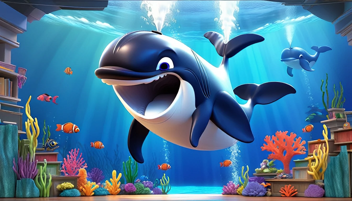 Create a 3-D Pixar style art scene for kids featuring a close-up of a whale's blowhole with water spouting out. The scene should be colorful and vibrant, with an ocean background, coral reefs, and schools of fish. The text 'Whales breathe through blowholes!' should be prominently displayed. The overall mood should be engaging and inviting for young children