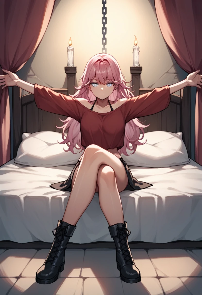 score_9, score_8_up, score_7_up, score_6_up, score_5_up, score_4_up, source_anime, 1girl,Close your mouth,sit,bed,pink hair,loose hair, white eyes, w-w-chain, spread arms,crossed legs,Knees on the bed,clean hair,red shirt,bikini,black ankle boots,night,candles,room,dungeon, best quality, best res, 4K UHD,