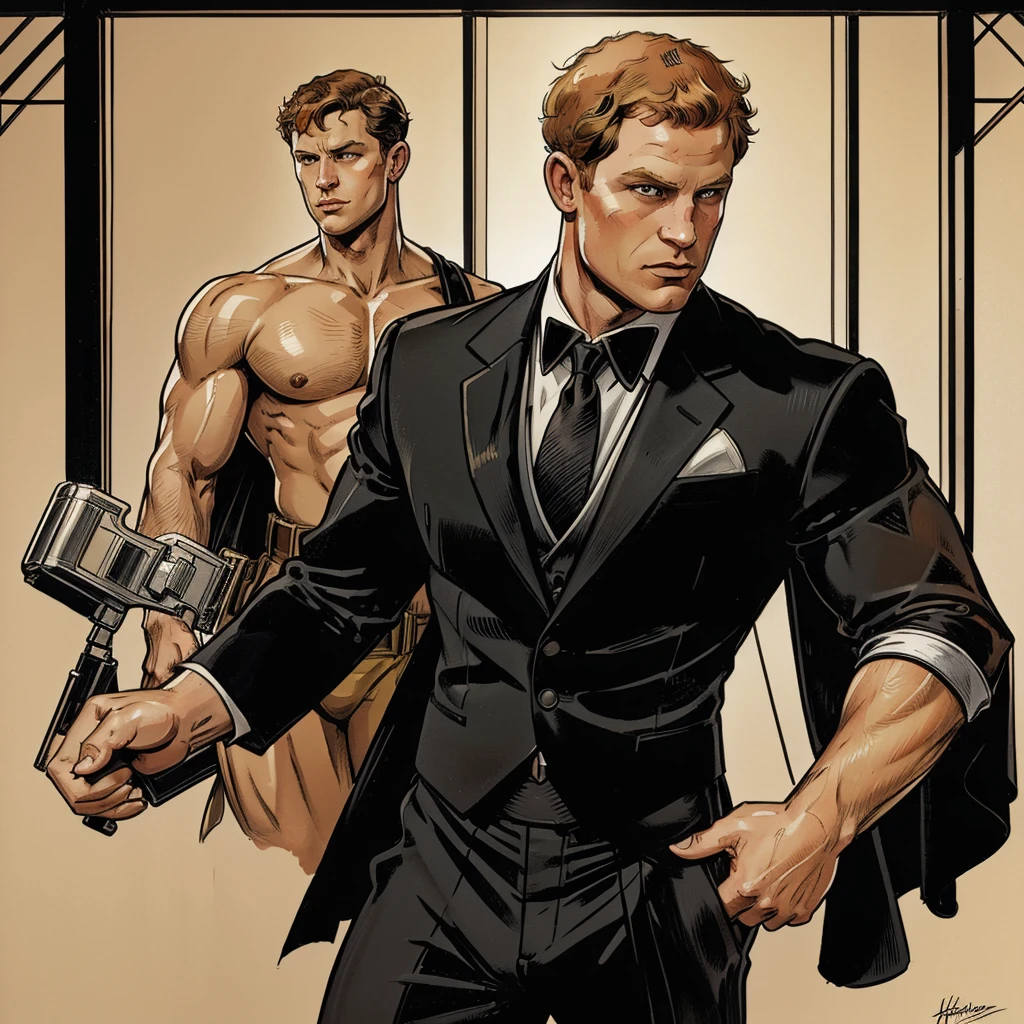 lustration in Leyendecker style : Muscular and pumped-up Prince Harry as James Bond , Agent 007, in an expensive suit
