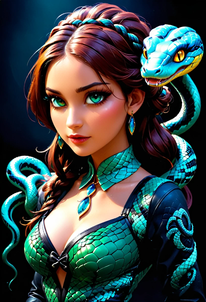 dark fantasy art  (2braids thar become living snakes: 1.5) ((2 identical braids that become snakes: 1.5))of a beautiful woman, reptilian eyes, pale skin, having twin snake braids, ((only two braids made from living snakes: 1.3)) each braid a snake coming out the woman's head, living snake, hissing snake,  on the woman's  head, she wears intricate leather dress, dynamic color dress,  thigh high heeled boots, modern bar background,  dynamic range, vibrant, Ultra-high resolution, High Contrast, (masterpiece:1.5), highest quality, Best aesthetics), best details, best quality, highres, ultra wide angle, 16k, [ultra detailed], masterpiece, best quality, (extremely detailed), snake hair, sn4k3h41r, snake hair, Dark Art Painting Style