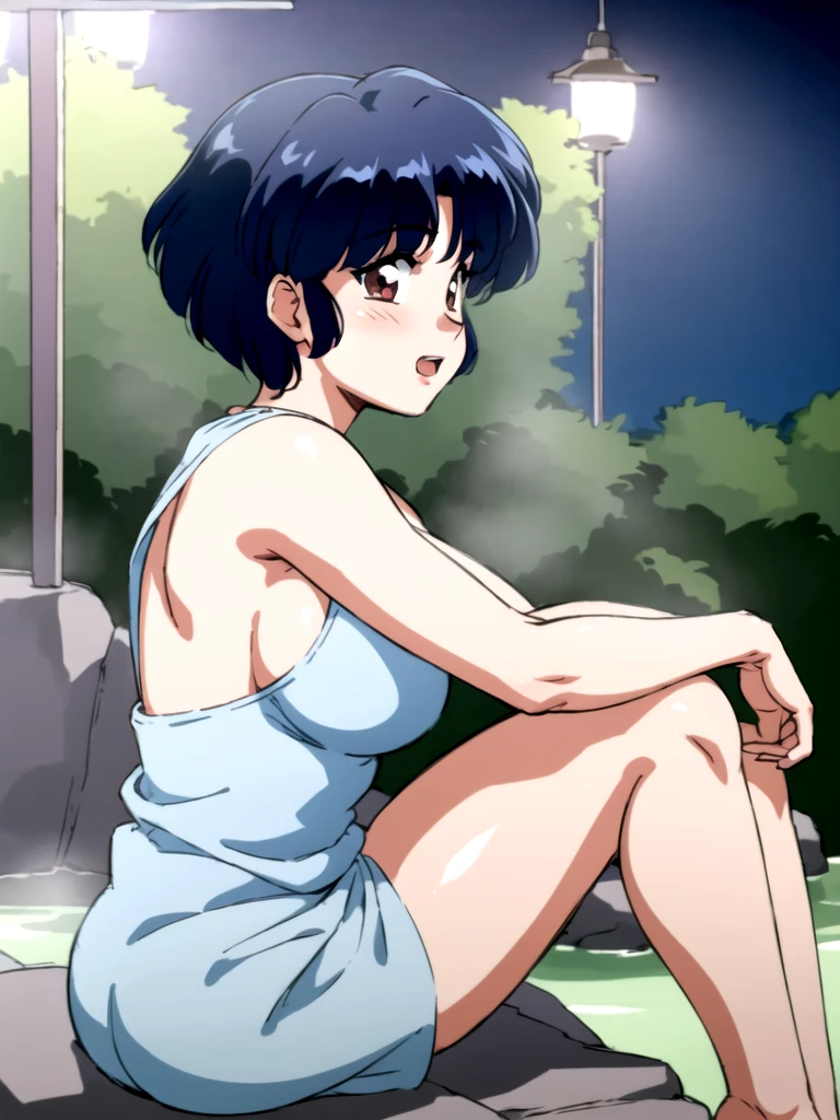 HDR, CG, sharp focus, (8k), (4k), masterpiece, best quality, detailed skin, extremely detailed, hiper detailed, sharp focus, looking at viewer, high quality, AKANE, Akane tendou, short hair, blue hair, brown eyes , tetas grandes, bLush, solo, 1girl, sit on rock, hands on chest, smile,  open mouth, hot springs background, night time, towel, bathing, back view, 