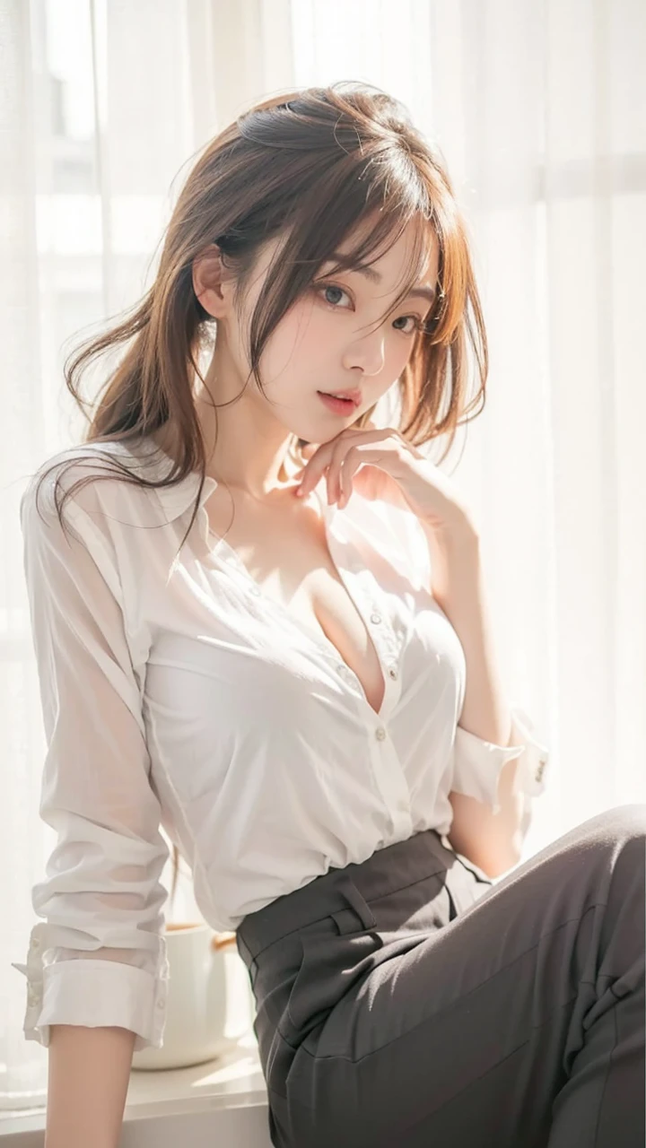 Beautiful Japanese Waifu, early 30s, brunette hair, white open shirt, (no bra), gray trousers 