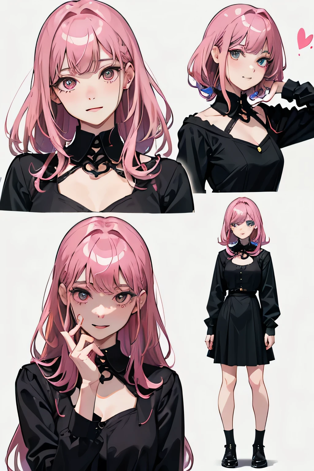 ((melhor qualidade)), ((Obra de arte)), (detalhado), 1 garota, masterpiece, best quality, very aesthetic, absurdres, newest, intricate, pink hair, heart-shaped pupils, detailed eyes, yandere, mind break, hand on own face, full body, pink hair, glowing eyes, small eyes, cute & girly (idolmaster), (idolmaster),cute clothes, pink clothers, yandere, cartoon woman, 1girl, solo, looking at viewer, simple background, creepy eyes, woman, adult, false smile, evil smile, , (MULTIPLE VIEWS FULL BODY UPPER BODY REFERENCE SHEET:1),manhwa style, fake smile, CRAZY SMILE, BLOODY CLOTHERS, REALISTIC FACE, CUTE FACE, DEVIL EYES, HD FACE, ULTRA REALISTIC HANDS, SCHOOL CLOTHERS, MAD LOOK, CUTE, high quality