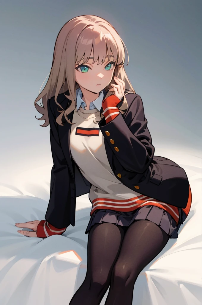 MinamiSchoolUniform, black pantyhose, black jacket, sitting, highly detailed, (masterpiece, best quality, highres)