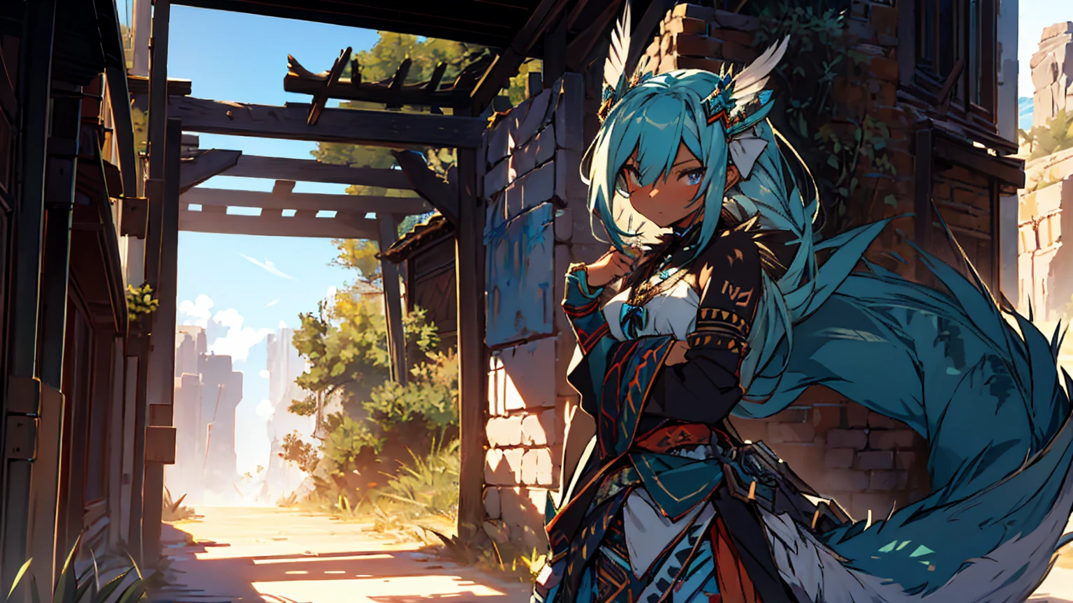 Miku Hatsune x Aloy Forbidden Horizon Dragon West Armor Tenack, add high definition_detail:1, blue fur,kitsune ears, tribal tattoo add_detail:1, sensual pose against the wall add_details:1, tribal feather necklace, rainbow feather skirt, Tribal feather body decorations in high definition., tribal feather bralette, desert landscape oasis in the background, exhausted girl, perspiration, very hot, intense sun add_detailsl 