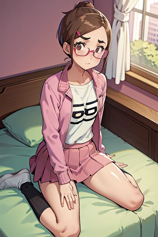 adult_nerd_girl_in_a_pink_jacket, short_brown_ponytail, black_nerd_glasses, flat_chest, fat_eyebrows, short_skirt, high_socks, sitting in bed, ashamed, high resolution, beautiful, 8k