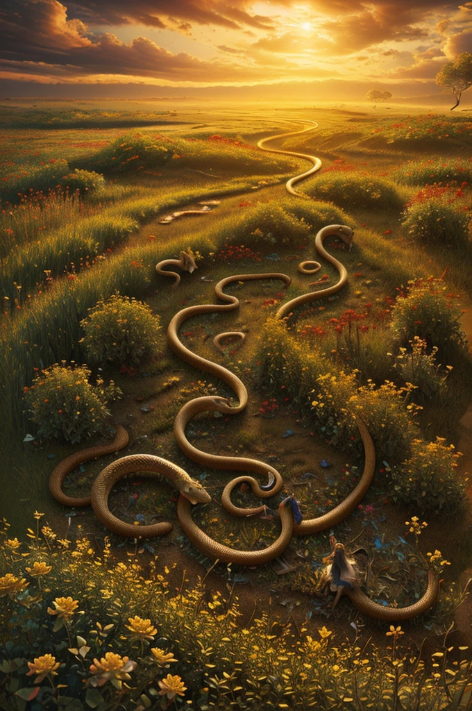 intricate,intertwining snakes,slithering through a field of red,white and golden flowers,highly detailed,photorealistic,dramatic lighting,vibrant colors,lush foliage,ethereal atmosphere,wildlife,nature,fantasy,magical realism,mesmerizing,hypnotic movement,seamless composition,award winning digital art