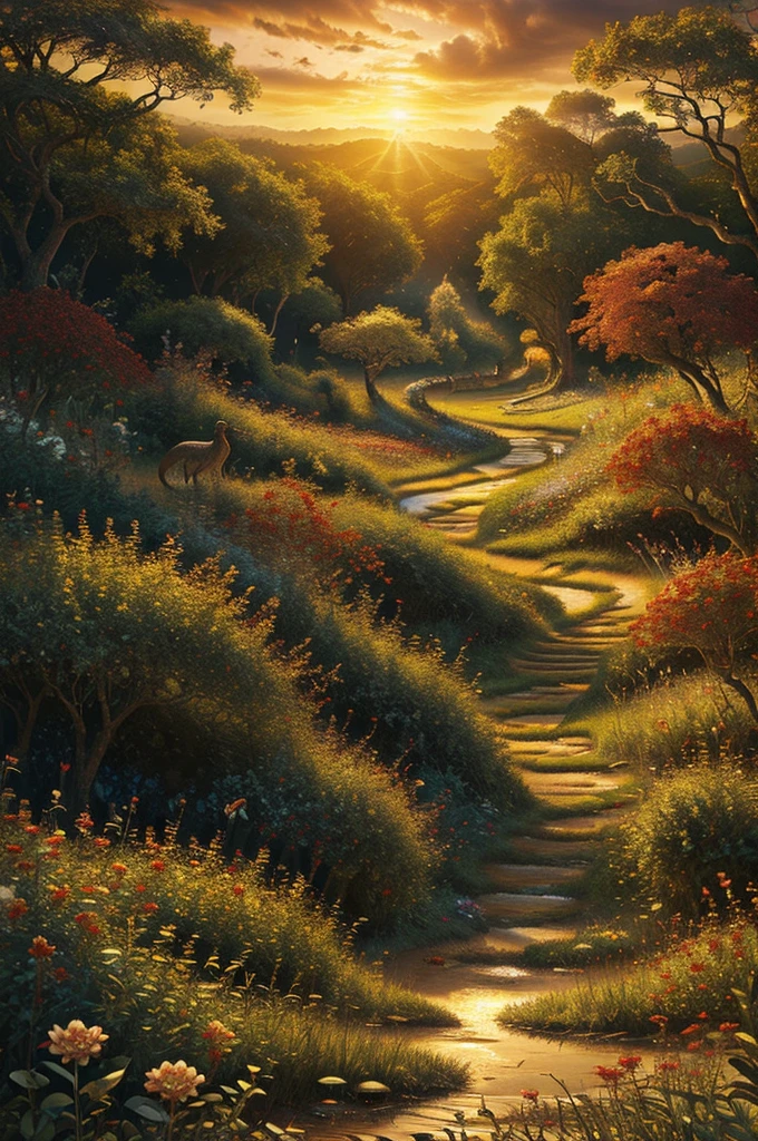 intricate,intertwining snakes,slithering through a field of red,white and golden flowers,highly detailed,photorealistic,dramatic lighting,vibrant colors,lush foliage,ethereal atmosphere,wildlife,nature,fantasy,magical realism,mesmerizing,hypnotic movement,seamless composition,award winning digital art