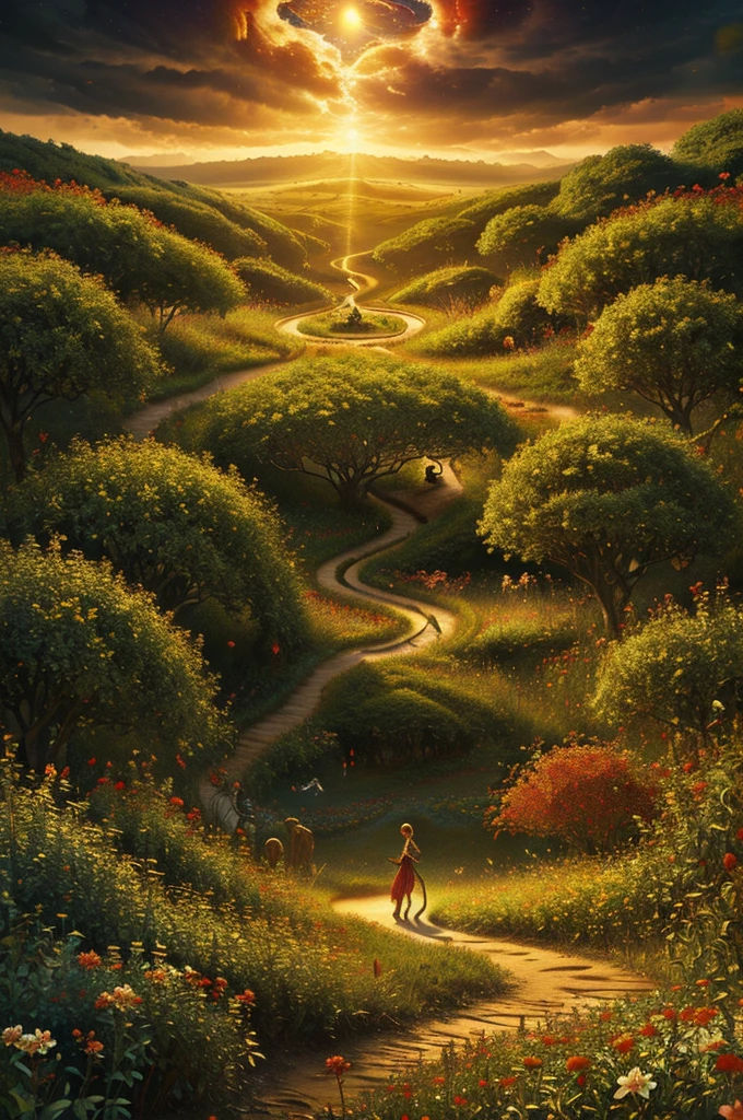 intricate,intertwining snakes,slithering through a field of red,white and golden flowers,highly detailed,photorealistic,dramatic lighting,vibrant colors,lush foliage,ethereal atmosphere,wildlife,nature,fantasy,magical realism,mesmerizing,hypnotic movement,seamless composition,award winning digital art