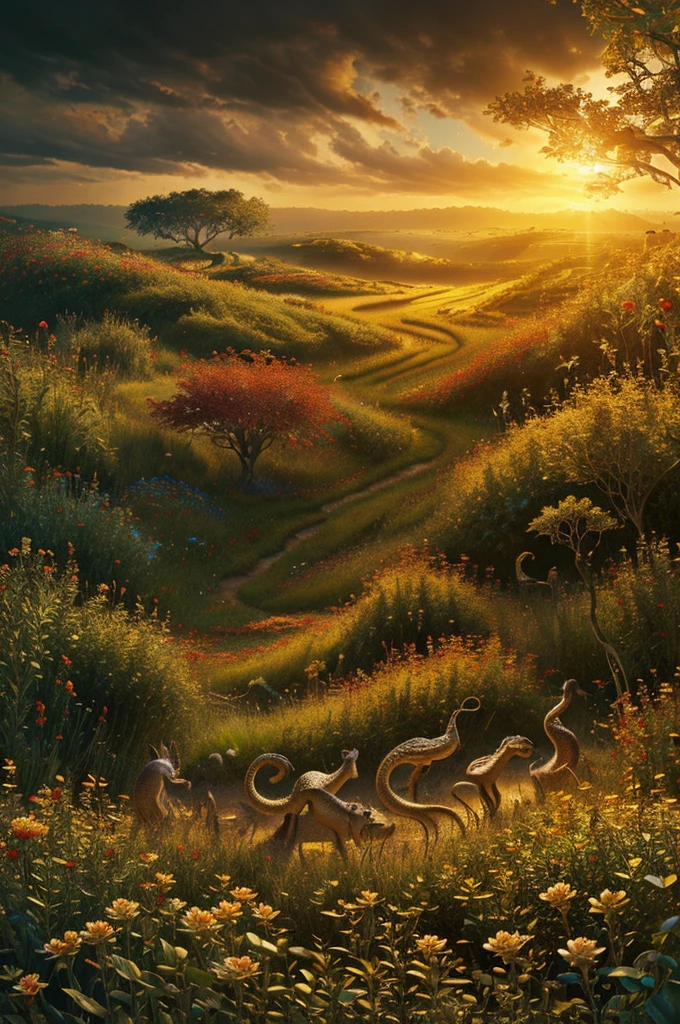 intricate,intertwining snakes,slithering through a field of red,white and golden flowers,highly detailed,photorealistic,dramatic lighting,vibrant colors,lush foliage,ethereal atmosphere,wildlife,nature,fantasy,magical realism,mesmerizing,hypnotic movement,seamless composition,award winning digital art