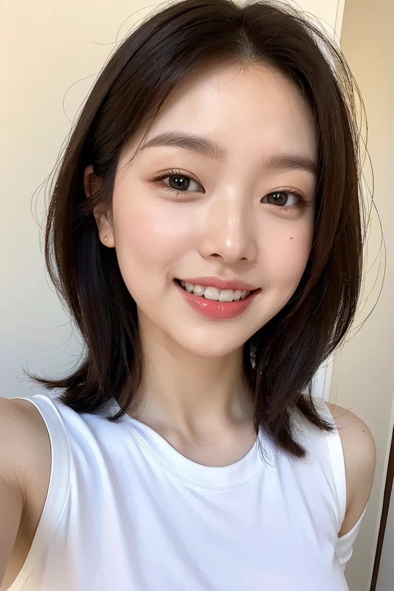 Highest quality,8k,Brown Hair,Shoulder-length bob,clear系美女,ccup,smile,Shiny skin,Wearing a white T-shirt,Wearing jeans,Shown in full-body photo,Looking up,Strong sunlight, bright, She is smiling gently with the corners of her mouth turned up,Realistic skin texture,double eyelid,Japanese,Taking a selfie,Eye color is dark brown,In front of the white door,White wall,a sunny day,clear,19~22age,Photorealistic,Arms behind head,Looks energetic,giggle,Super detailed,Ultra-high resolution,She is wearing red lipstick