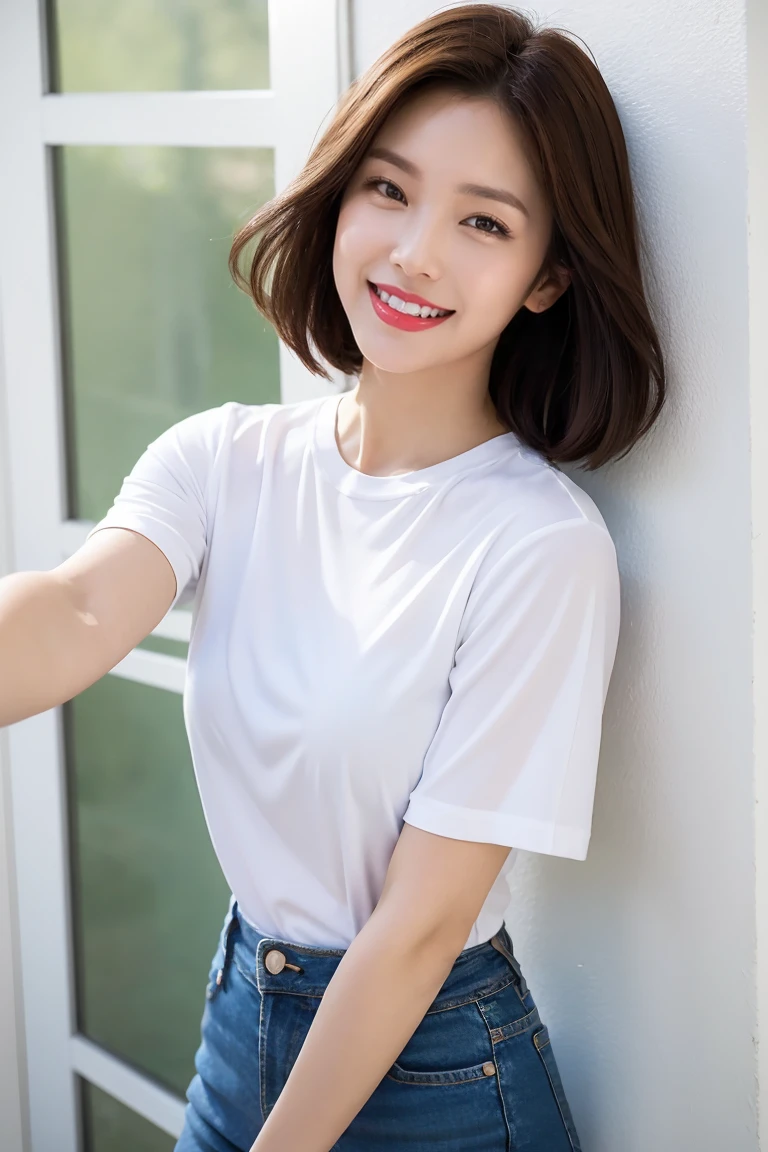 Highest quality,8k,Brown Hair,Shoulder-length bob,clear系美女,ccup,smile,Shiny skin,Wearing a white T-shirt,Wearing jeans,Shown in full-body photo,Looking up,Strong sunlight, bright, She is smiling gently with the corners of her mouth turned up,Realistic skin texture,double eyelid,Japanese,Taking a selfie,Eye color is dark brown,In front of the white door,White wall,a sunny day,clear,19~22age,Photorealistic,Arms behind head,Looks energetic,giggle,Super detailed,Ultra-high resolution,She is wearing red lipstick