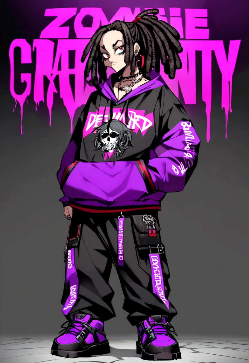 science fiction future 24th centry fullbody solo 1 savage black japanese defcon hacker Anthropomorphic zombie xxxtentacion juice wrld inspired hairstyle dreadlocks gang signs crazy wild details gangsta gang defcon baggy flabby trap sumpreme streetwear with a bad face threat look standing looking forward