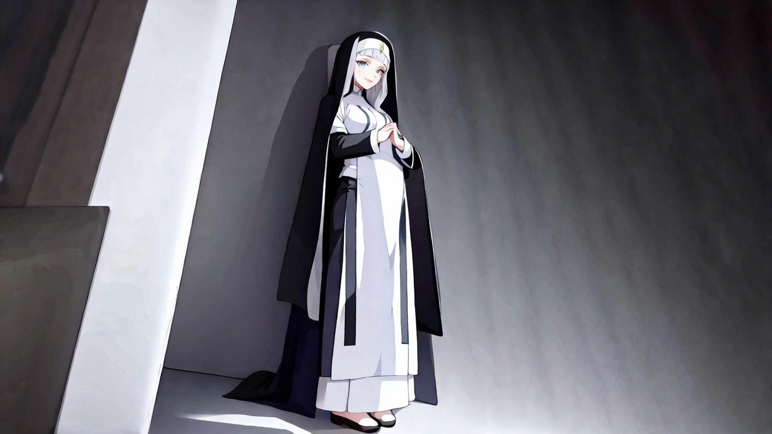 An anime-style lineart image of a standing nun praying with her hands together and bare feet.