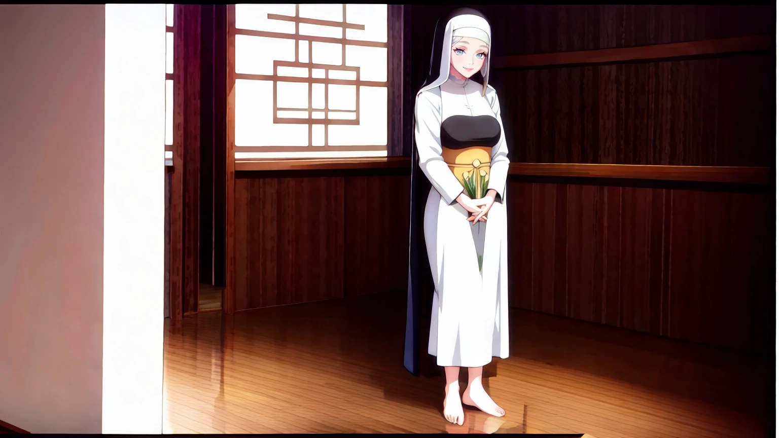An anime-style lineart image of a standing nun praying with her hands together and bare feet.