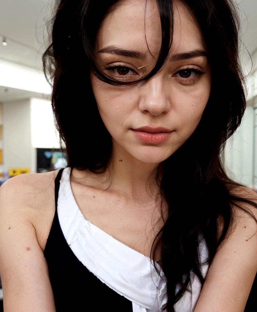 beautiful mature woman with white skin and long black hair taking realistic selfie in a shopping mall, realistic background, high quality, Clear, not blurry