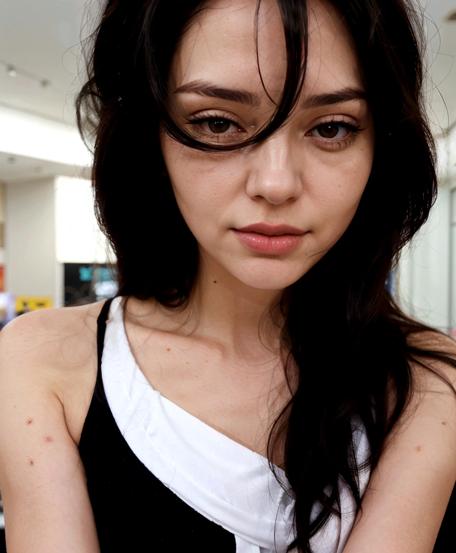 beautiful mature woman with white skin and long black hair taking realistic selfie in a shopping mall, realistic background, high quality, Clear, not blurry