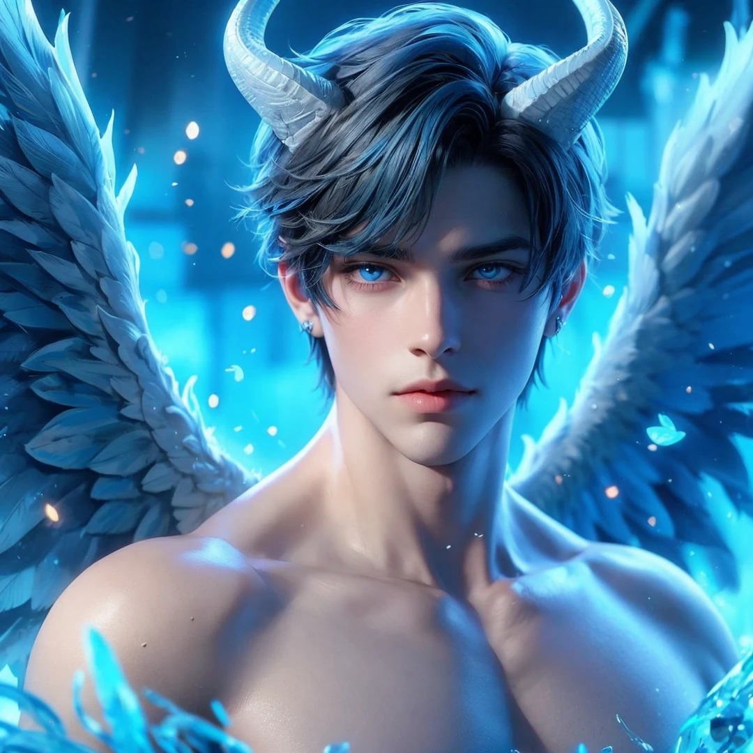 Handsome boy, blue hair, shining blue eyes, blue wings