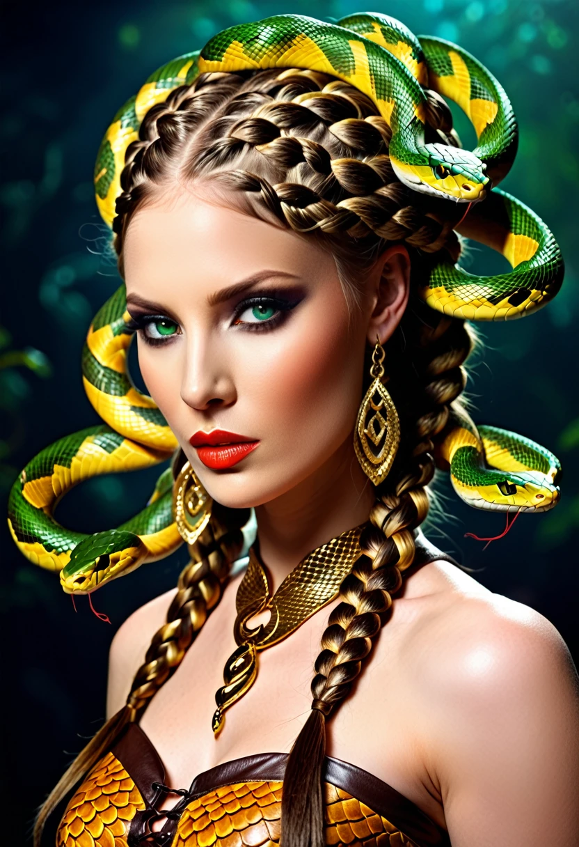 dark fantasy art (braids thar become living snakes: 1.5) of a beautiful woman, reptilian eyes, pale skin, having twin snake braids, 01sh ((only two braids made from living snakes: 1.3)) each braid a snake coming out the woman's head, living snake, hissing snake, on the woman's head, she wears intricate leather dress, dynamic color dress, thigh high heeled boots, modern bar background, dynamic range, vibrant, Ultra-high resolution, High Contrast, (masterpiece:1.5), highest quality, Best aesthetics), best details, best quality, highres, ultra wide angle, 16k, [ultra detailed], masterpiece, best quality, (extremely detailed), snake hair, sn4k3h41r, snake hair, 