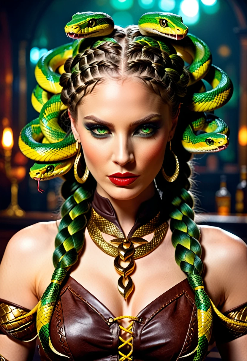 dark fantasy art (2braids thar become living snakes: 1.5) of a beautiful woman, reptilian eyes, pale skin, having twin snake braids, ((only two braids made from living snakes: 1.3)) each braid a snake coming out the woman's head, living snake, hissing snake, on the woman's head, she wears intricate leather dress, dynamic color dress, thigh high heeled boots, modern bar background, dynamic range, vibrant, Ultra-high resolution, High Contrast, (masterpiece:1.5), highest quality, Best aesthetics), best details, best quality, highres, ultra wide angle, 16k, [ultra detailed], masterpiece, best quality, (extremely detailed), snake hair, sn4k3h41r, snake hair, 01sh