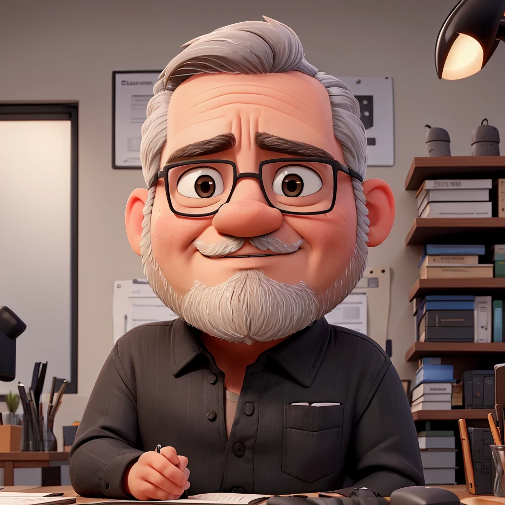 a man, gray hair, little beard, with a black shirt, chubby, sitting at an office desk