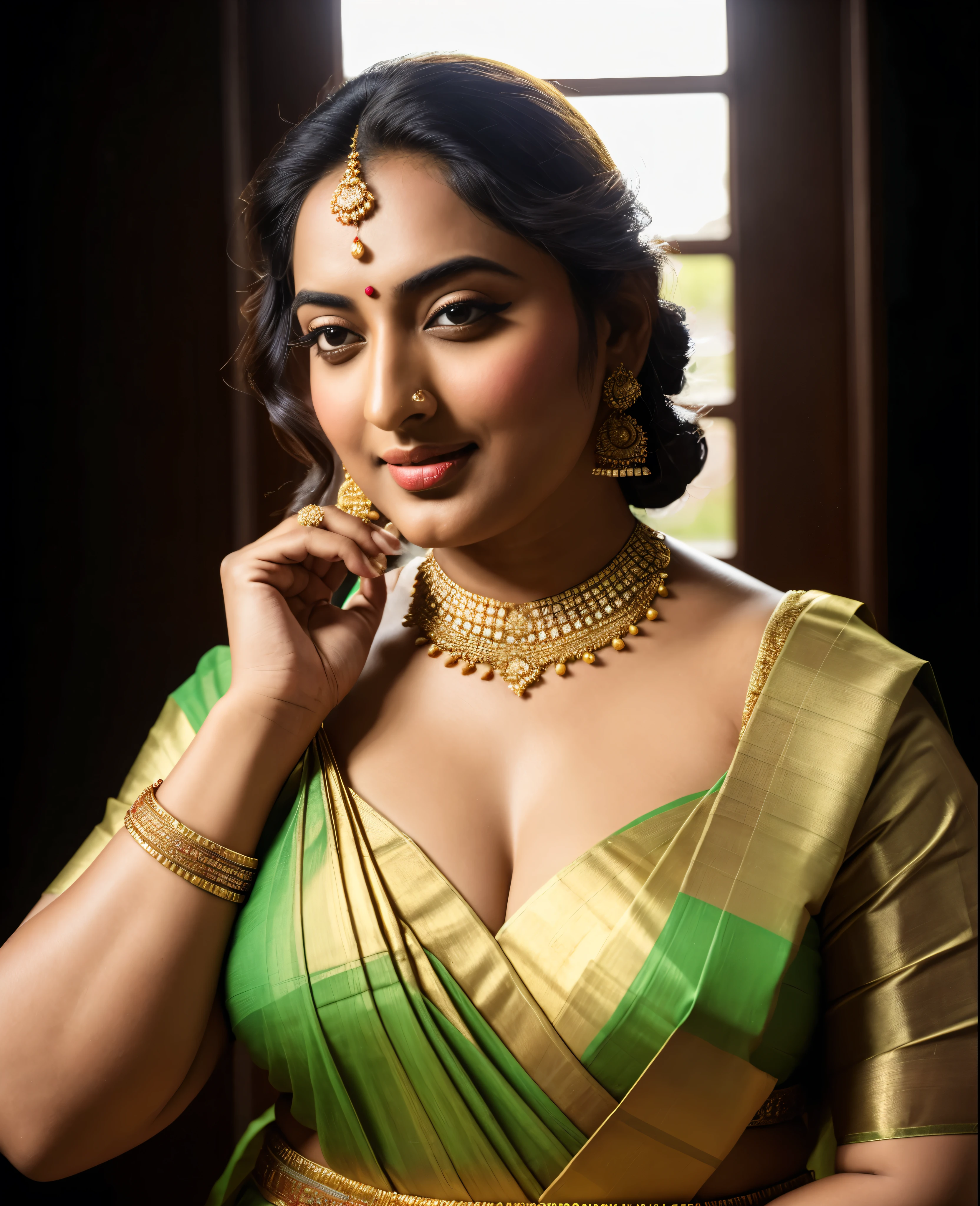 Foto RAW, photorealistic, photography, full body shot, master shot, perfect eyes, goddess like beauty, pierced eyes, perfect thick chubby mallu Desi aunty bhabhi, Wearing a Stanapatta, a chest-band.Saree model, model Photography, Indian saree shoot, Indian traditional wear advertising photography, traditional wear brand shoot, face of Indian actress Sonakshi Sinha, masterpiece, realistic, realism, incredible details, pleasure, photorealism, detailed skin, skin pores, high contrast, photorealistic Artstation 8k HD digital art trend of high definition and detailed realistic skin texture, ultra detail, realistic skin texture, armature, best quality, ultra high definition, (photorealistic:1.4),, high resolution, detail, raw photo, sweat, Re sharp, by Lee Jefferies Nikon D850 Film Stock Photo 4 Kodak Portra 400 Camera F1.6 Lens Rich Color Ultra Real Realistic Realistic Textures Dramatic Lighting Unreal Engine Trending at Art Station Cinestill 800,(pele altamente detalhada: 1.2), 8k UHD, DSLR, soft-lighting, alta qualidade, grain of film, Fujifilm XT3,she didn't like to wear blouse or bra, she is happy to wear only saree, she hates blouse or bra, detailed hairy armpits, hyper realistic skin, skin pores, sweat, veins,