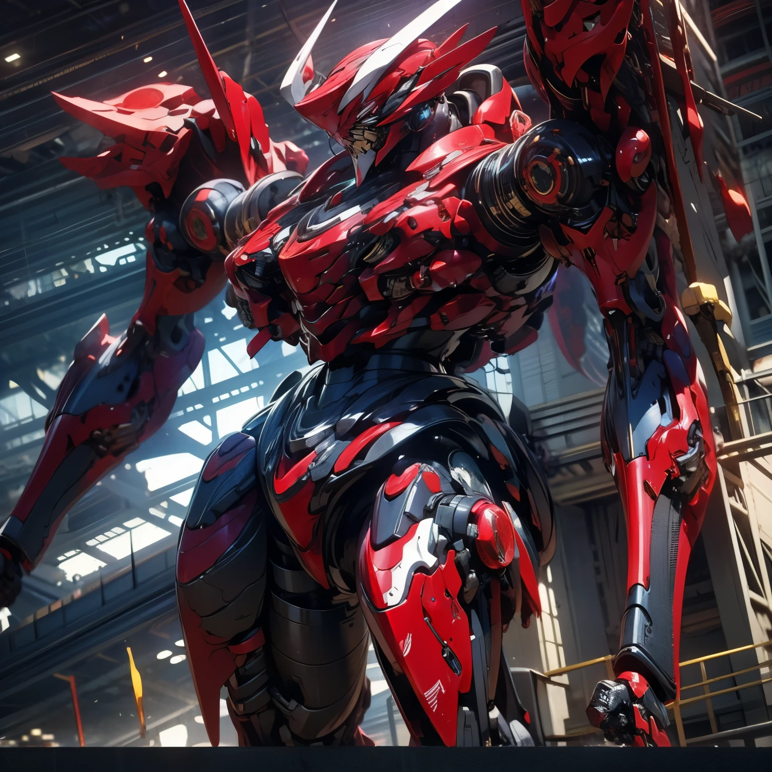 Blood red mech with beige accents. With structure made of animal bones, vivid red eyes, fit the tribal appearance and average body. He carried with him a spear made of bones with red details.. Non-human, Extremely detaild, 4K UHD, HDR, naturallight, cinematic lighting, masterpiece-anatomy-perfect, ultra HD, Space Combat, Battlefield, RAW photo, metallic, ultra-fine painting, perfect body proportions, anatomically correct, real texture material, Anti-Aliasing, TXAA, SSAO, Post Processing, Post Production, Tone Mapping, CGI, VFX, SFX, Hyper maximalist, ultra photorealultra-detailed intricate details.