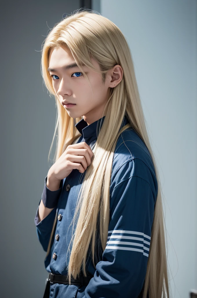 20 year old Asian boy, medium long blonde hair with blue highlights and blue eyes