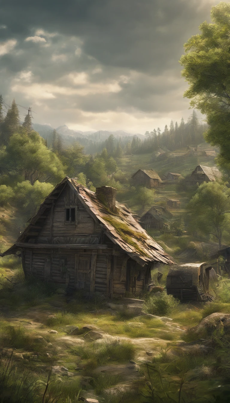 a small abandoned village, old rotten wooden houses, abandoned fields, pine forest in the background, daytime, spring season, view from high altitude, landscape, photorealistic, 8k, masterpiece, vibrant colors, natural lighting, detailed foliage, mossy textures, overgrown vegetation, atmospheric haze, dramatic shadows, cinematic composition, photorealistic lighting, highly detailed environment, lush and verdant, warm color palette, realistic weathering effects, sense of melancholy and solitude