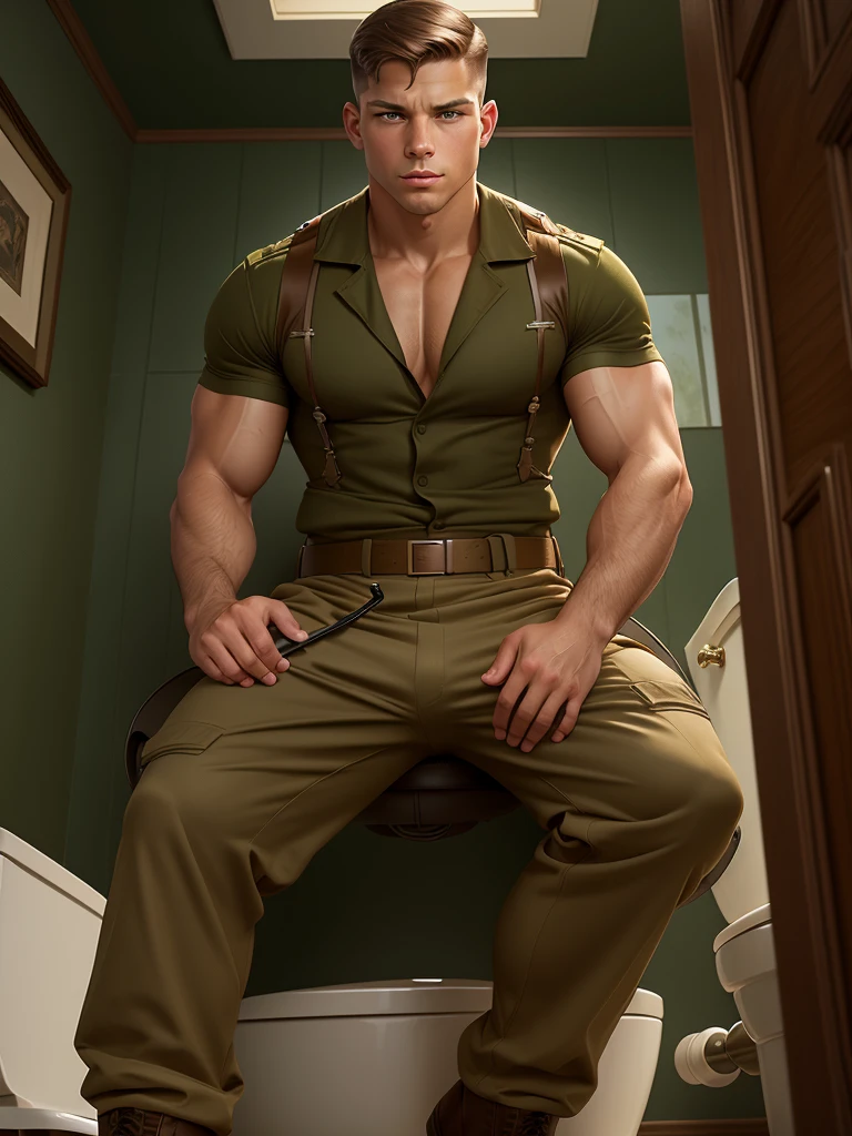 llustration in Leyendecker style : Dan Rockwell is a military man with his pants down , sitting on the toilet , and shitting in it . big dick