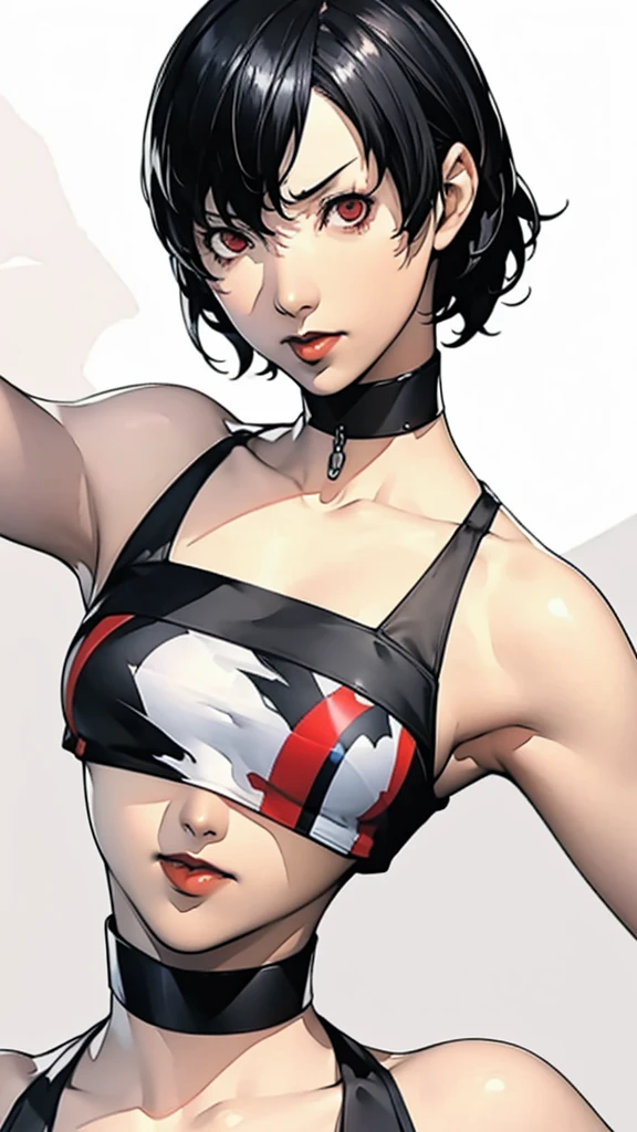 1 girl, very Short hair, black hair, red eyes, black lipstick, black choker, portrait, tank top, shigenori soejima style