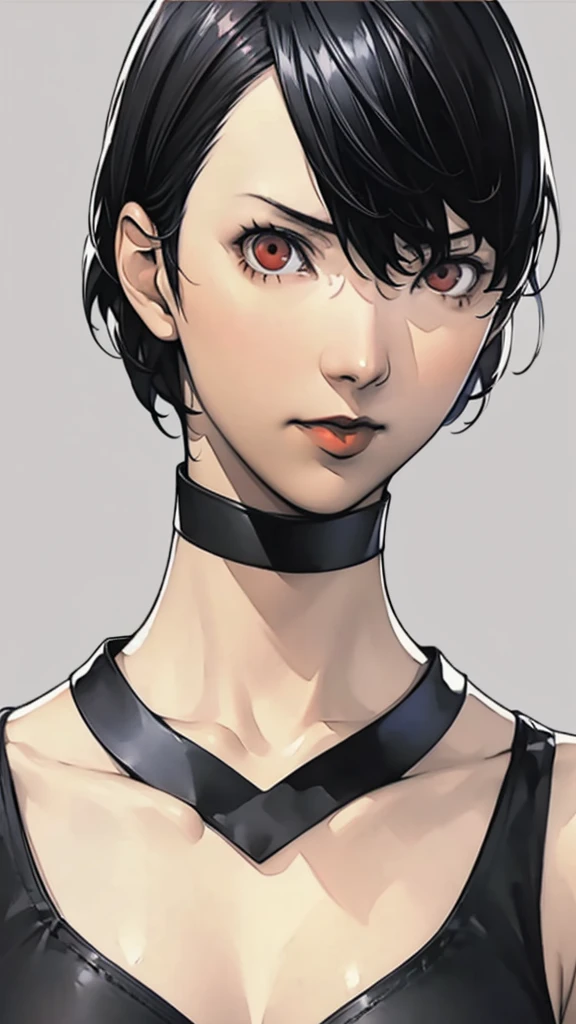 1 girl, very Short hair, black hair, red eyes, black lipstick, black choker, portrait, tank top, shigenori soejima style