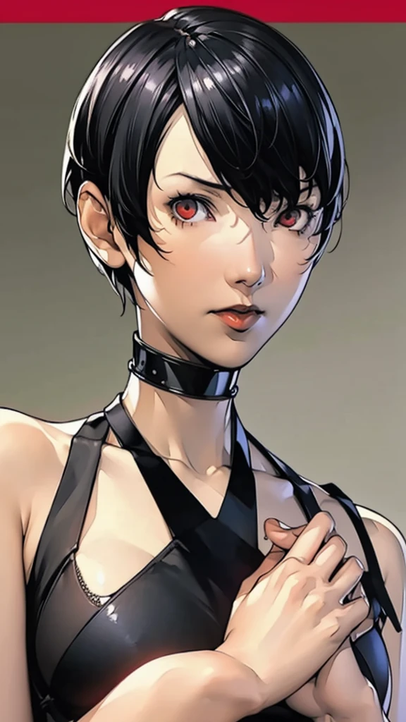 1 girl, very Short hair, black hair, red eyes, black lipstick, black choker, portrait, tank top, shigenori soejima style