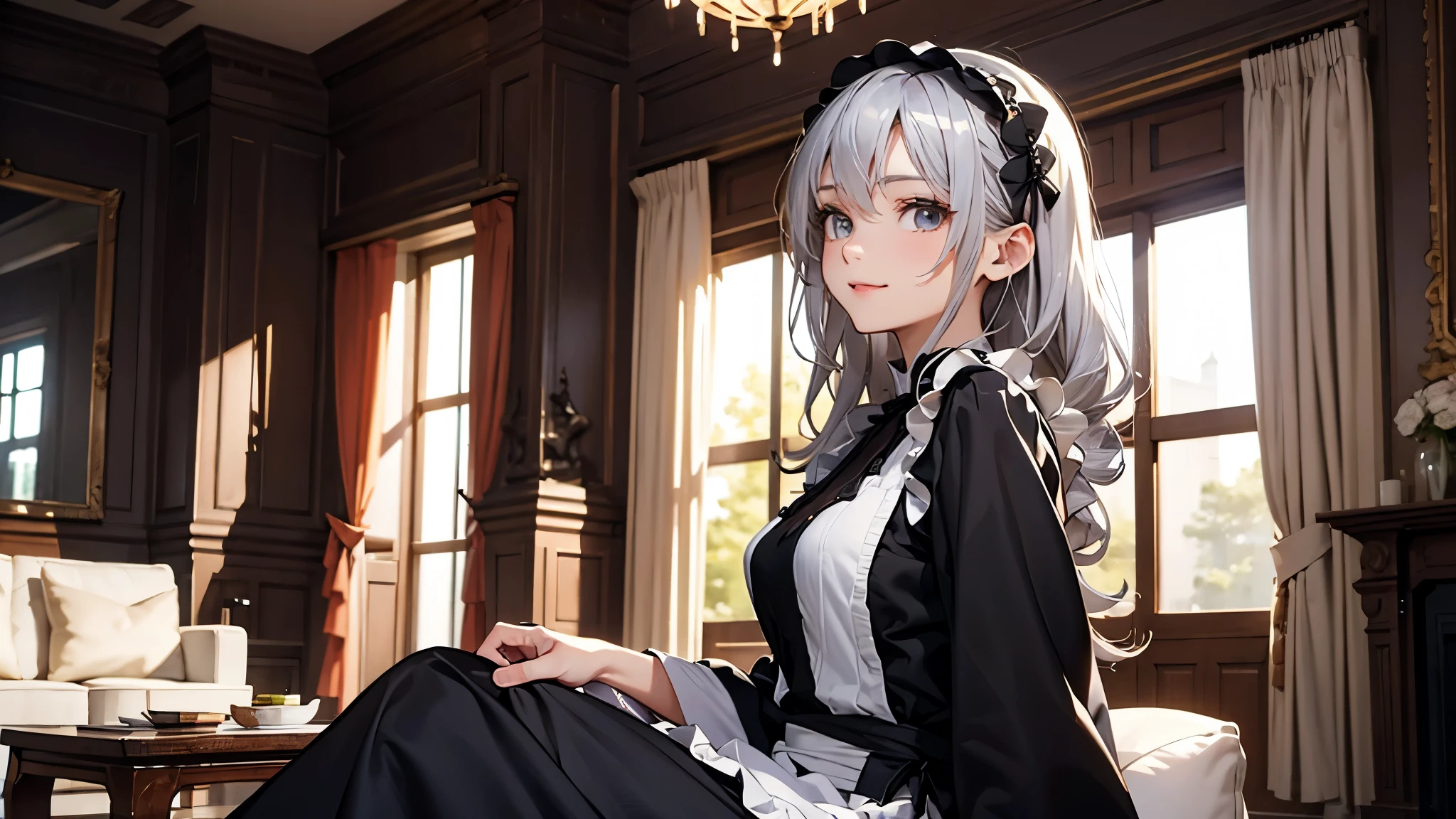 ((masterpiece、highest quality、High resolution、8K))、One female、(attractive woman)、silver hair、long hair、messy hair、smile、black eyes、detailed eyes、white headband、break、Black backless maid outfit、Head to knee、From the side、((stare into the distance))、Holding a dagger、Living room of a luxurious mansion、Highly detailed animated illustrations、