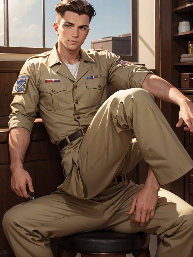 llustration in Leyendecker style : Dan Rockwell is a military man with his pants down , sitting on the toilet , and shitting in it . big dick