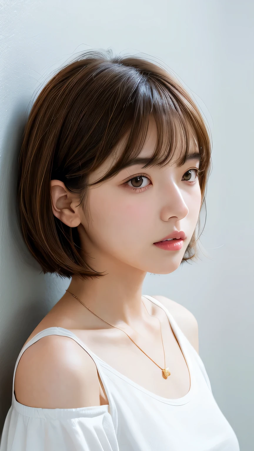 Close-up of a brown-haired woman in a white shirt, Shoulder-length hair, Shoulder - Length hair, Medium length hair, Curtain bang, Medium Hair, with short hair, princess cut, Shoulder-length hair, 白princess cutの髪型, Korean symmetrical face, short~Medium Hair, Shoulder - Length, Neat hairstyle with bangs、White wall、In front of the white door、((A room with a white wall and a window))、Mr..々tracing、Simple Necklace、Layered Cut、Don'Don'Don't look at the camera